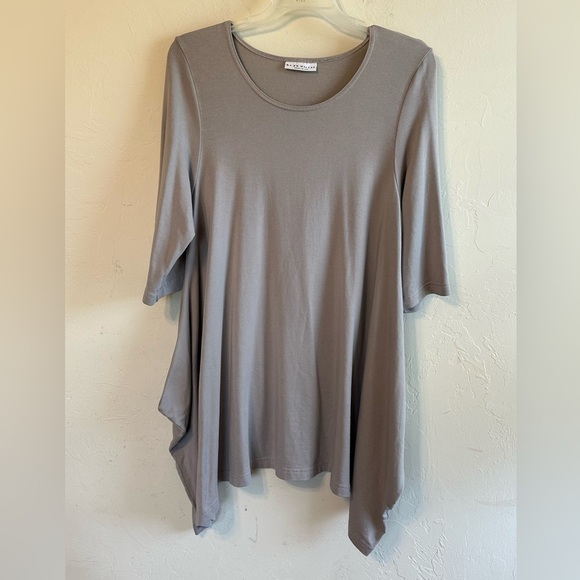 Bryn Walker Beige Grey Asymmetrical Hem Oversized Lagenlook Tunic Blouse Sz Lg - Picture 1 of 12